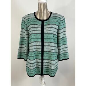 Misook Black Green Striped 1 Hook Front Acrylic Blend Knit Cardigan Size XL